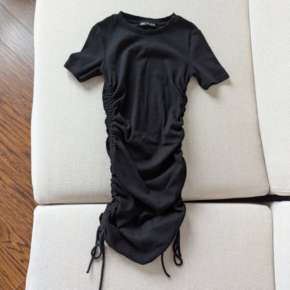 ZARA Black Ruched Mini Bodycon Dress, Size M - Picture 2 of 9